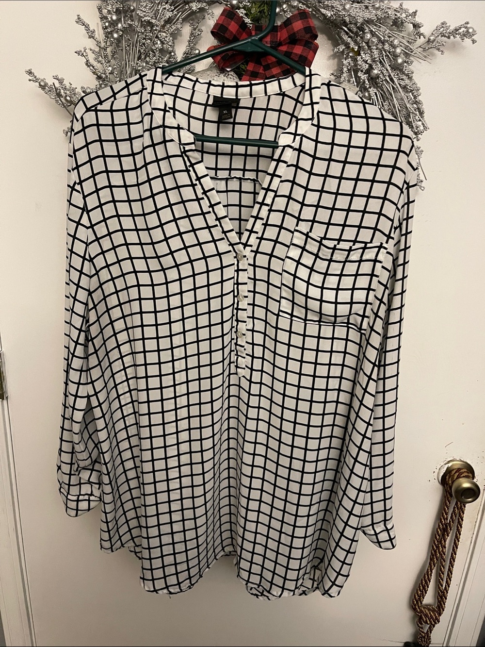 Worthington Black and White Windowpane V-Neck Blouse